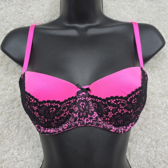 Victorias Secret Balconette Bra 34C Underwire Pink Lace Padded Y2K Coquette - Picture 1 of 11